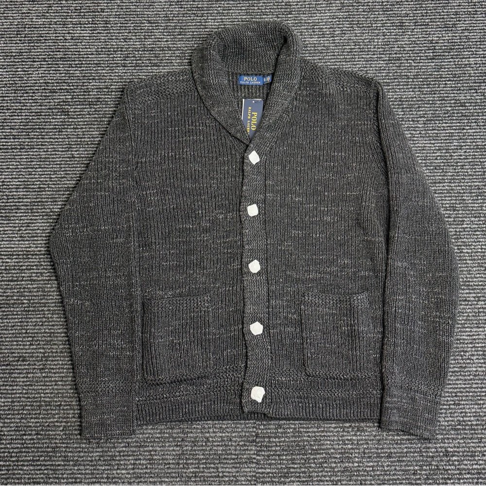 Polo Ralph Lauren Sweater Men XL Gray Shawl Collar Cardigan Heavy Cotton Knit